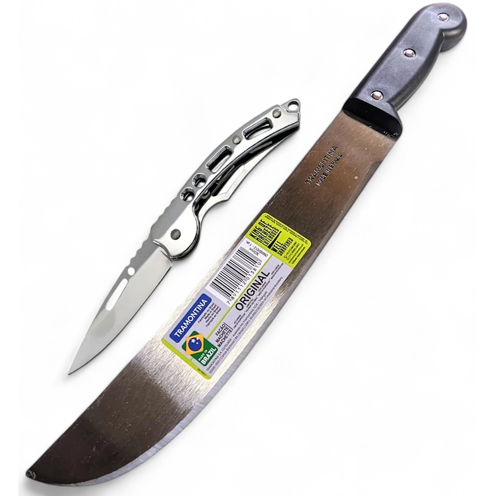 Kit facão Tramontina 12" polegadas mato galho cana + canivete inox de bolso tático pesca e mais