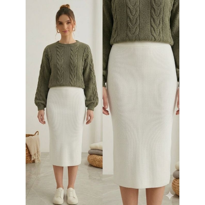 Saia feminina Midi tricô tricot modal canelada verão fenda lateral em Oferta na Shopee