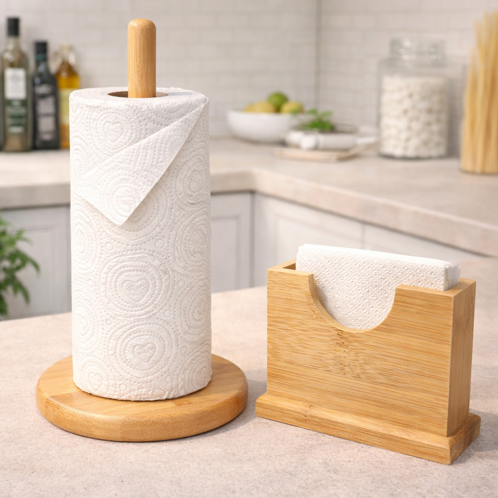 Kit Porta Papel Toalha Suporte bambu + Porta Guardanapo bambu Bancada