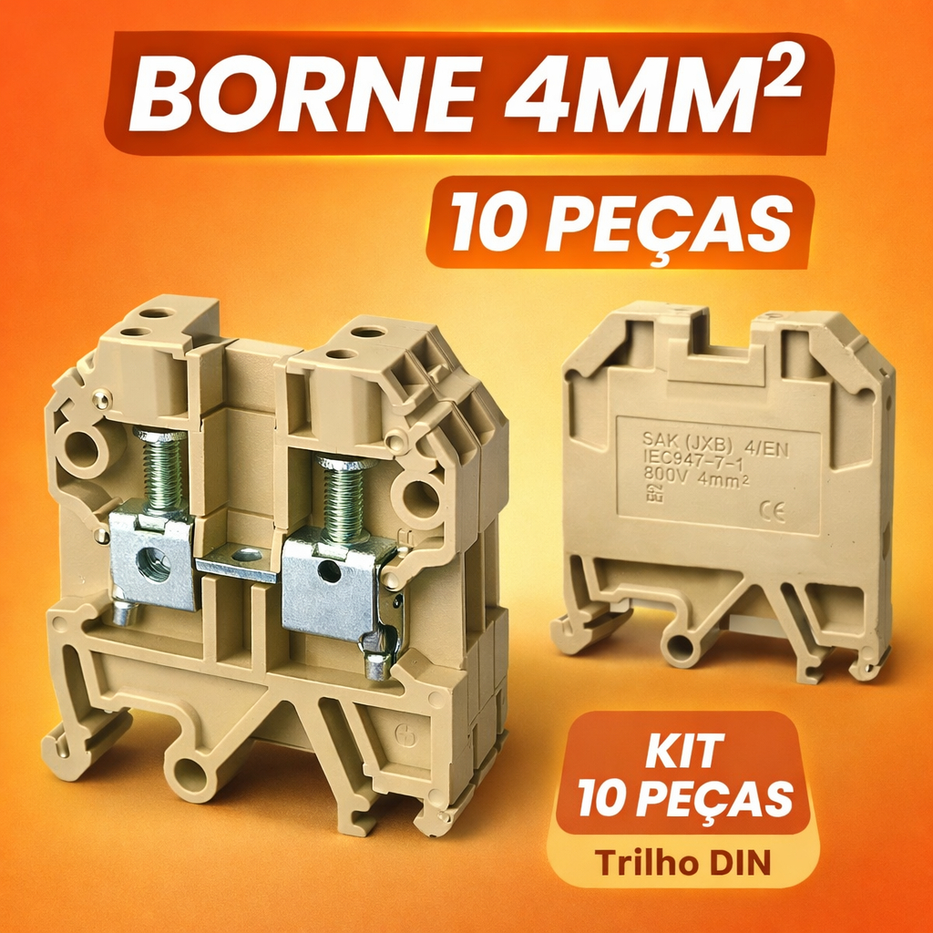 Kit 10 Conector Borne Sak 4mm Bege Para Trilho Din - Profissional