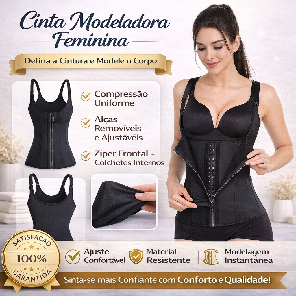 Cinta Modeladora Feminina com Zíper - Cintura Dupla de Compressão Ajustável para Redução Abdominal e Suporte com Alça