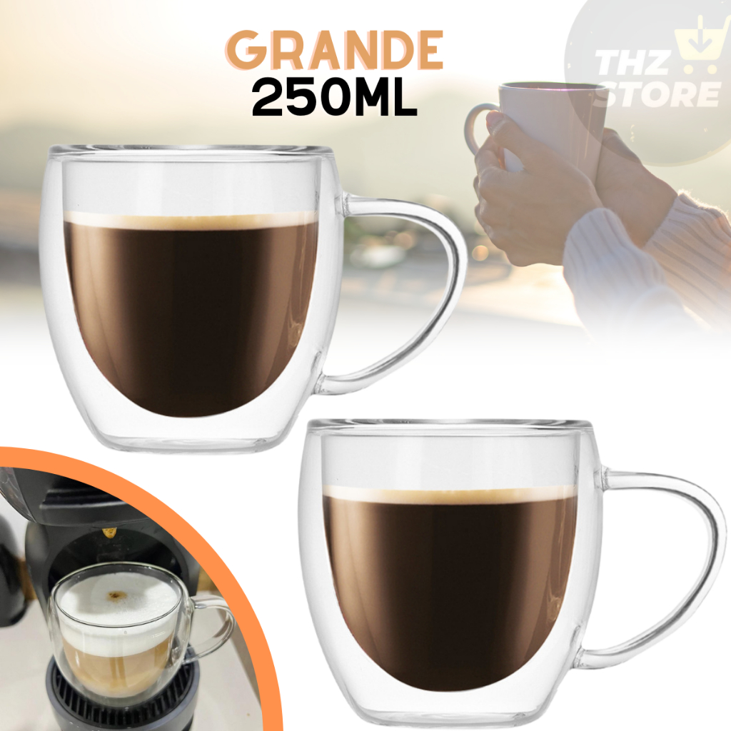 Jogo de Xícaras 2un Vidro Duplo Parede Dupla 250ml P/ Café Chá Suco Água Duas Camadas Caneca Chicara