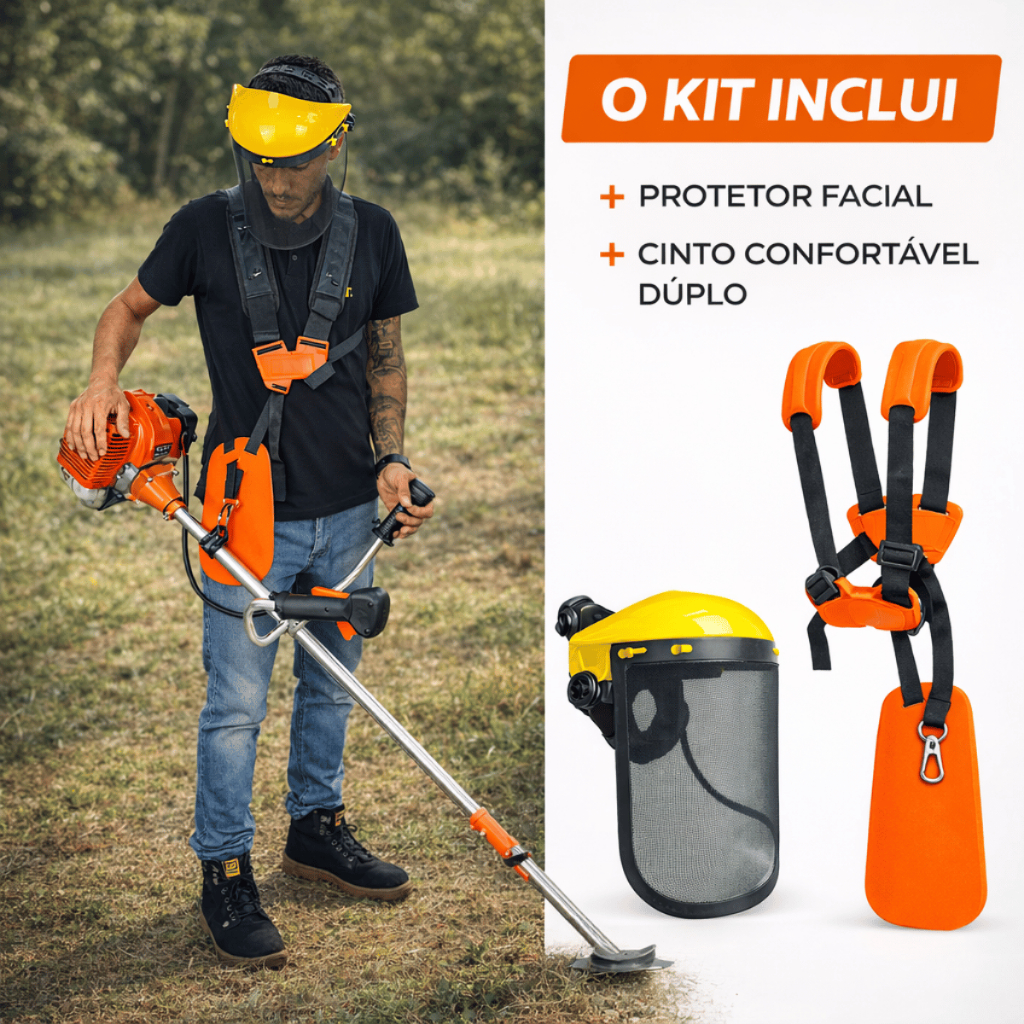 Kit Proteção para Roçadeira Cinto Duplo e Protetor Facial Articulado Conforto e Segurança