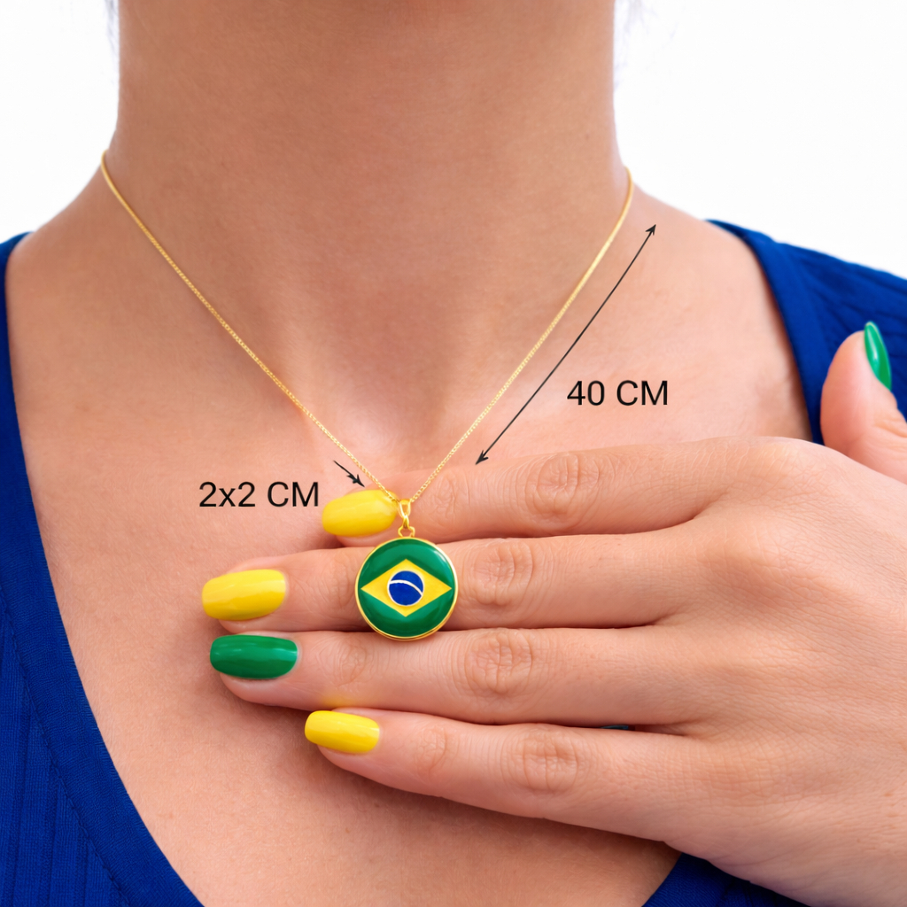 Colar Tendencia Bandeira do Brasil Folheado a Ouro Pingente Redondo Corrente 40cm Feminino Masculino Copa do Mundo 2026.
