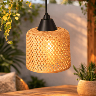 Pendente Rústico Luminária Siesta Lustre Madeira Bambu 18cm Teto Mesa Sala Cozinha Palha Natural