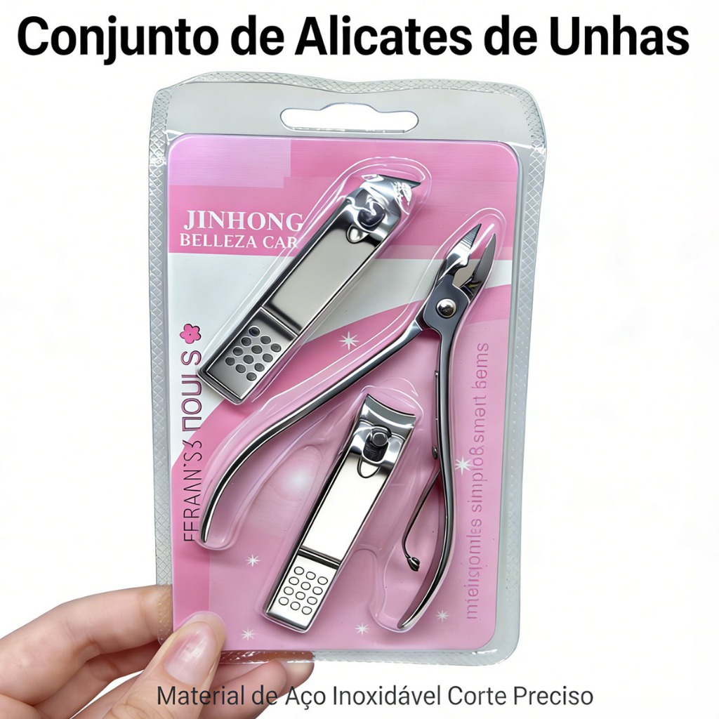 Alicate de Cutícula Profissional + Kit Cortador de Unha 3 em 1 Ferramenta de Manicure e Pedicure Aço Inoxidável