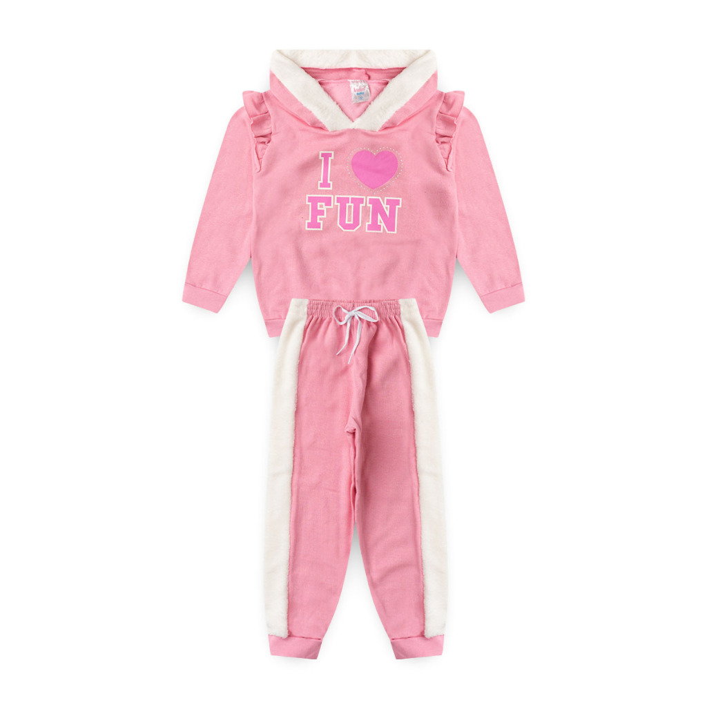 Conjunto Infantil Inverno Menina Rosa Médio Com Branco Blusão E Calça Em Moletom Com Recortes Fleece