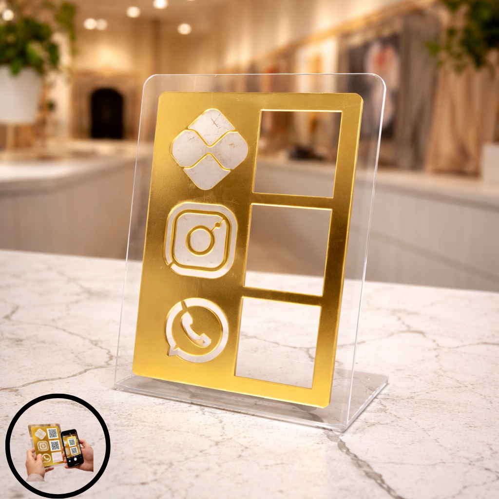 Display Pix Instagram WhatsApp QR Code Acrílico Dourado Placa de Mesa para Pagamento e Redes Sociais Loja/Comércio