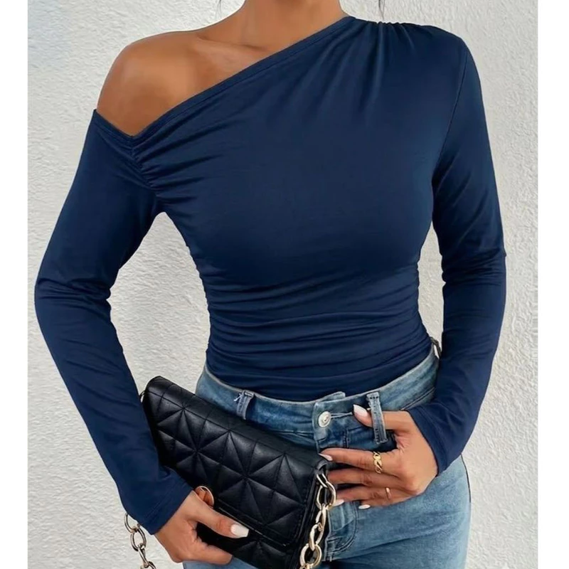 Blusa Feminina Suplex com Manga Longa Comprida Assimétrica Drapeada Verão Elegante Casual Premium