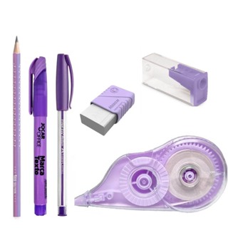 kit papelaria colorida com lapis marca texto e fita corretiva lilás em Oferta na Shopee