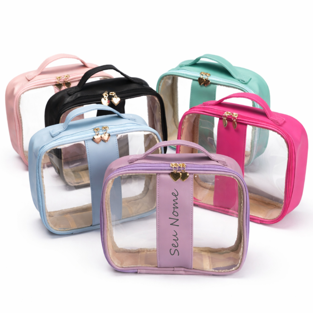 Nécessaire PVC Impermeável Personalizada com seu nome com Alça e Zíper Coração