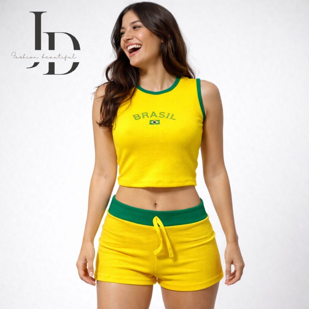 Conjunto Seleção Brasileira  Cropped + Short Canelado Tendencia 2026 conjunto Virginia