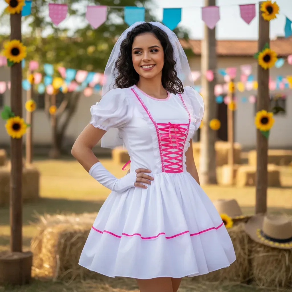 Vestido De Noiva De Festa Junina Caipira Com Luva E Véu