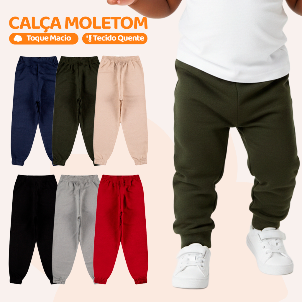 Kit 1, 3 ou 5 Calça Moletom Bebe Menino Peluciada Masculina Infantil Masculino Inverno Frio com Punho em Ribana