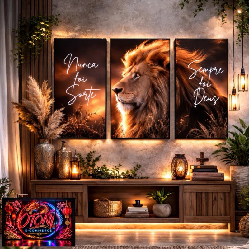 Quadro Decorativo Grande Leão De Judá Religioso Nunca Foi Sorte Sempre Foi Deus 3 Peças 122x60