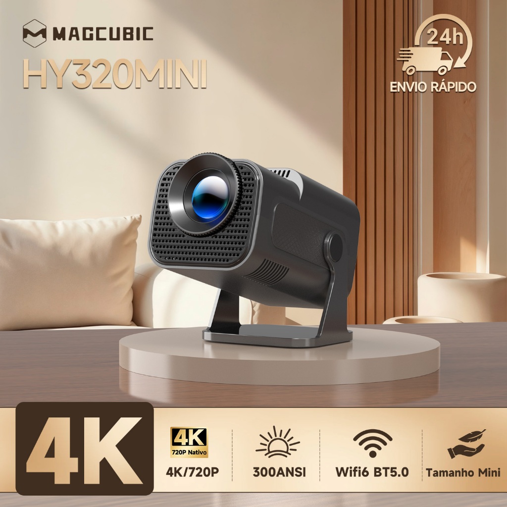 Mini Projetor Magcubic HY320Mini 300 ANSI Smart TV WiFi 6 BT 5.0 Suporte 4K Vídeo Decoding Portátil Bivolt