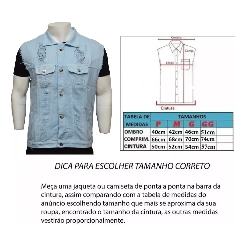 Colete Jeans Masculino Destroyed Azul Claro