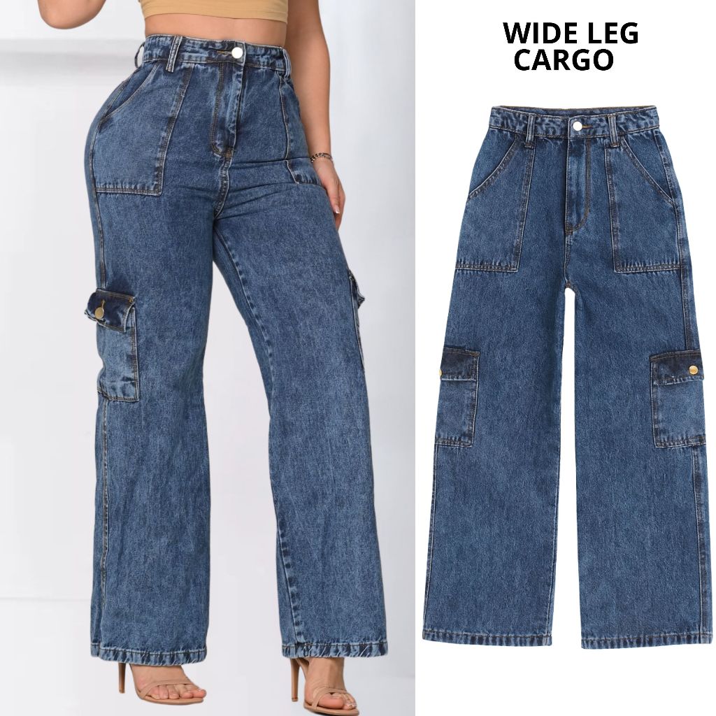 Calça Wide Leg Cargo Feminina Jeans 100% Algodão Cintura Alta Bolsos Lateral em Oferta na Shopee