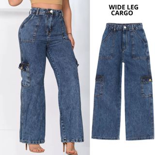Calça Wide Leg Cargo Feminina Jeans 100% Algodão Cintura Alta Bolsos Lateral em Oferta na Shopee