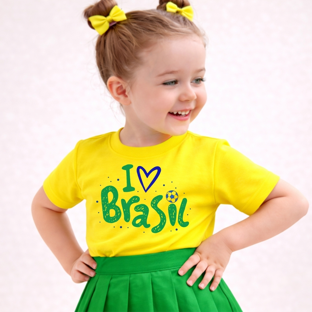 Camiseta infantil Brasil Feminina 100% Algodão Capa Do Mundo Blusa Premium Menina Torcedor Juvenil