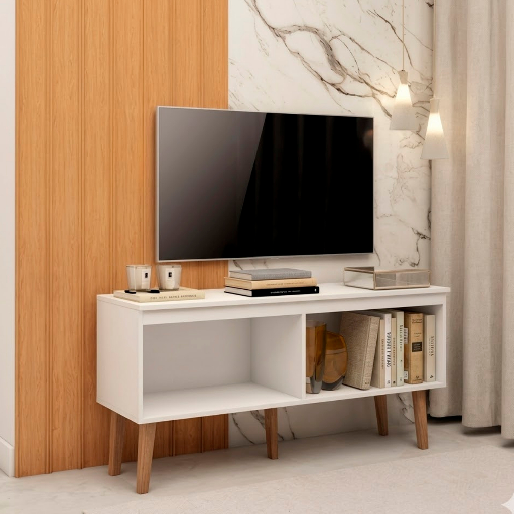 Rack Branco Com Pes Em Madeira Para Sala De Tv 55 Polegadas Branco