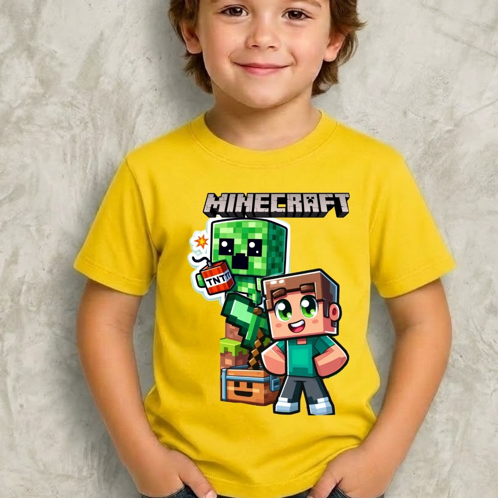 Camiseta Infantil Minecraft Menino Malha 100% Algodão Jogos TNT Steve Blusa Juvenil Desenho Games