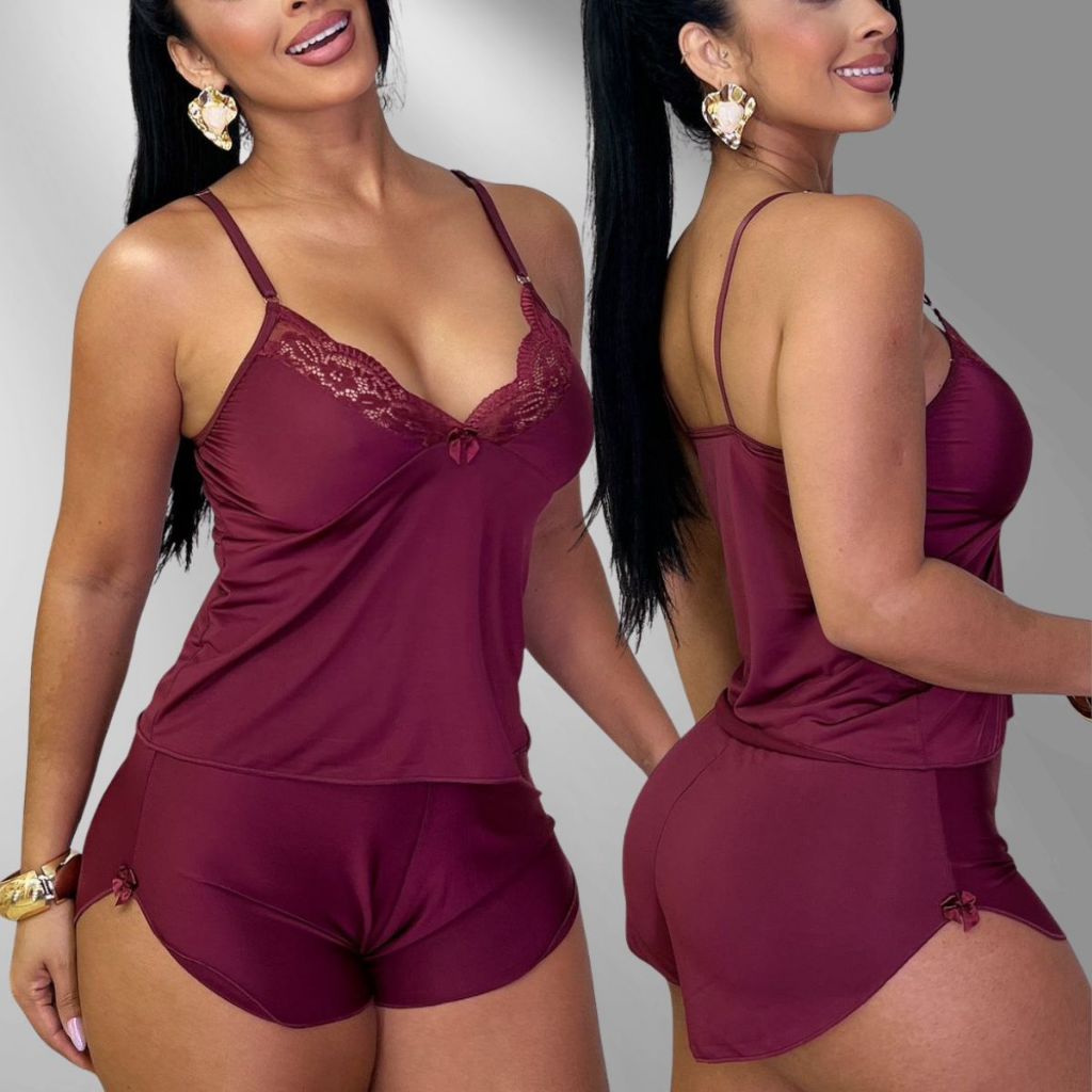 Pijama Baby Doll Malha Fria Tecido Fresquinho Roupa De Dormir Lingerie Confortável  Molinho  Sensual Renda