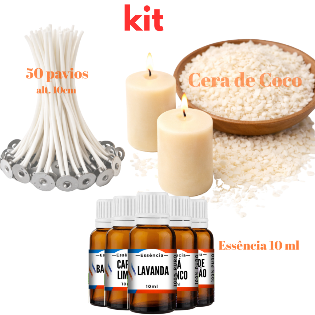 Kit Cera de Coco (Escamas) 0,5kg + Essencia 10ml + 50 Pavios em Oferta na Shopee