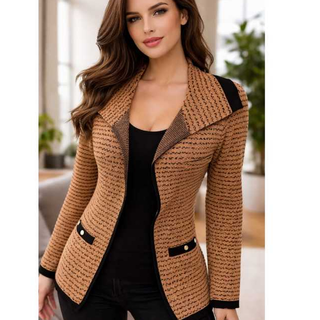 Cardigan jacar riscas com detalhe de perola casaco de tricot quentinho elegante Cardigan d...
