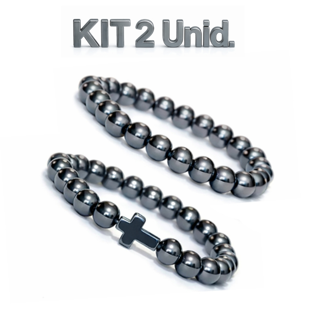 Pulseira Hematita Natural kit 2 Unid. Com ou Sem cruz 6 ou 8mm Benefício Equilibre Energia Proteção