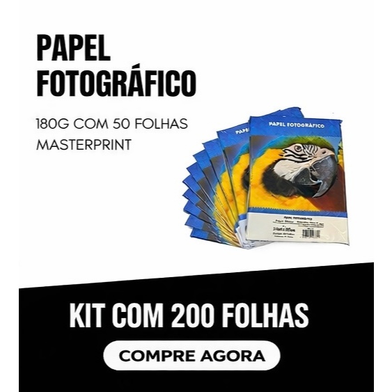 Kit 200 folhas Papel Fotográfico 180g A4  Glossy Resistente a Água Masterprint