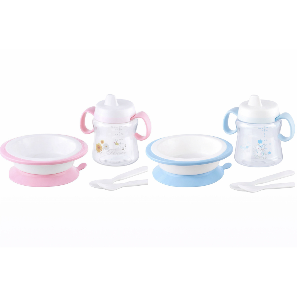 Kit Papinha Infantil 4 Peças Azul ou Rosa Prato Talher Mamadeira Copo