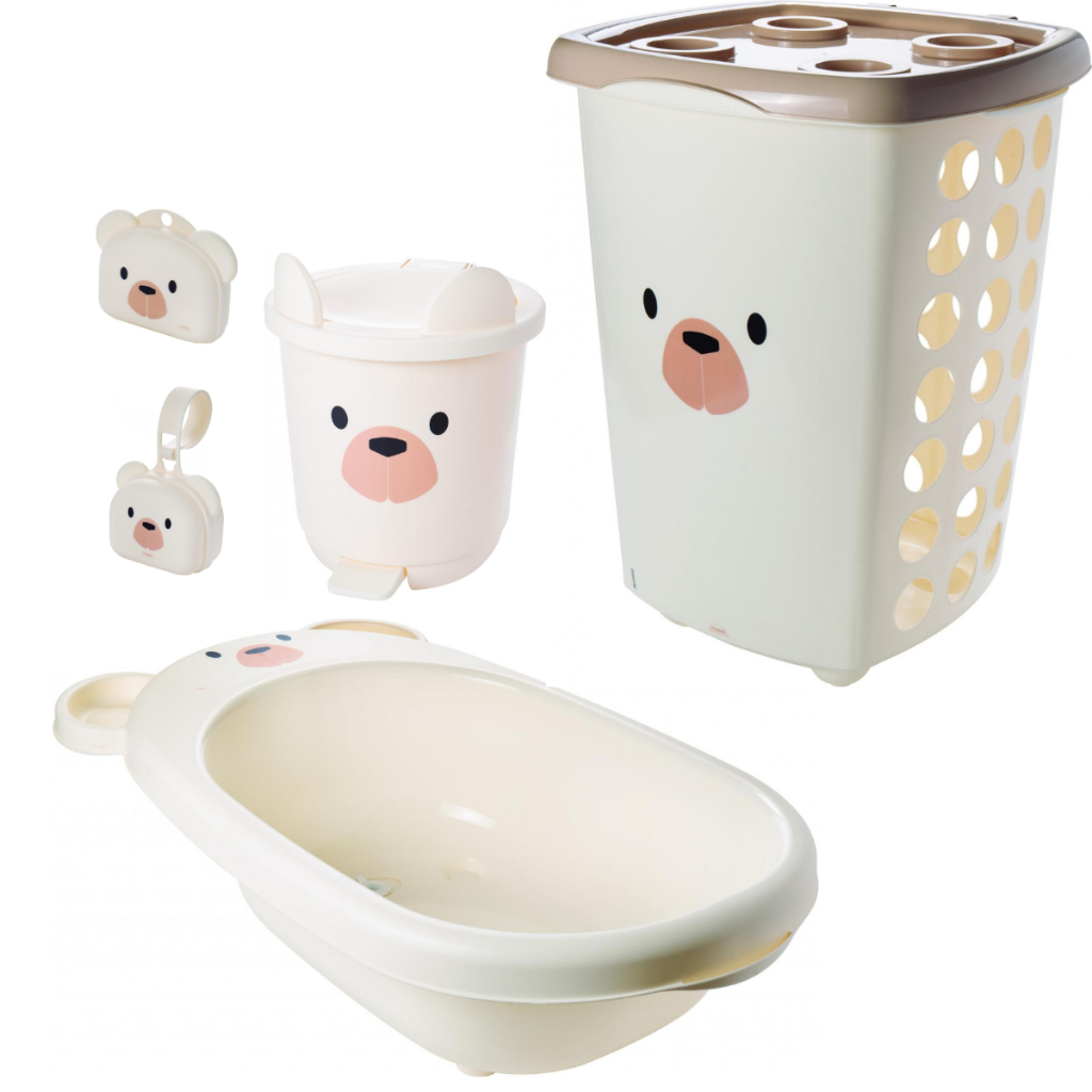 Kit Cesto de Roupa 38L, Saboneteira com Tampa e Porta Chupeta Para Bebês URSO CARAMELO