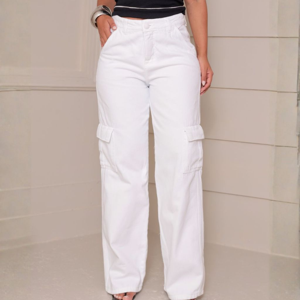 Calça jeans Wide leg Cargo com bolso Branca  Feminina Cintura Alta 100% Blogueira Linha Premium