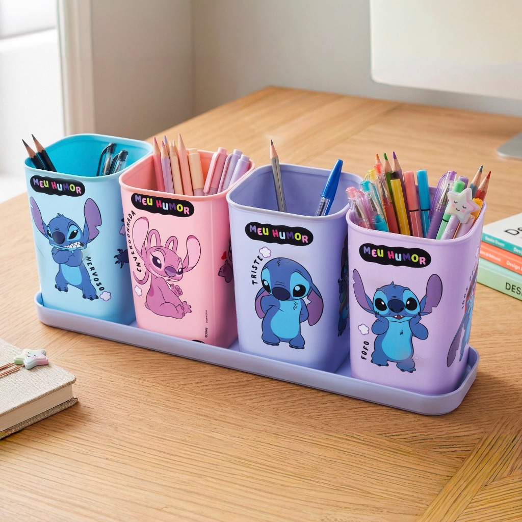 Conjunto Stitch Organizador De Mesa 5 Peças Porta Caneta Lápis Com Bandeja Plasutil