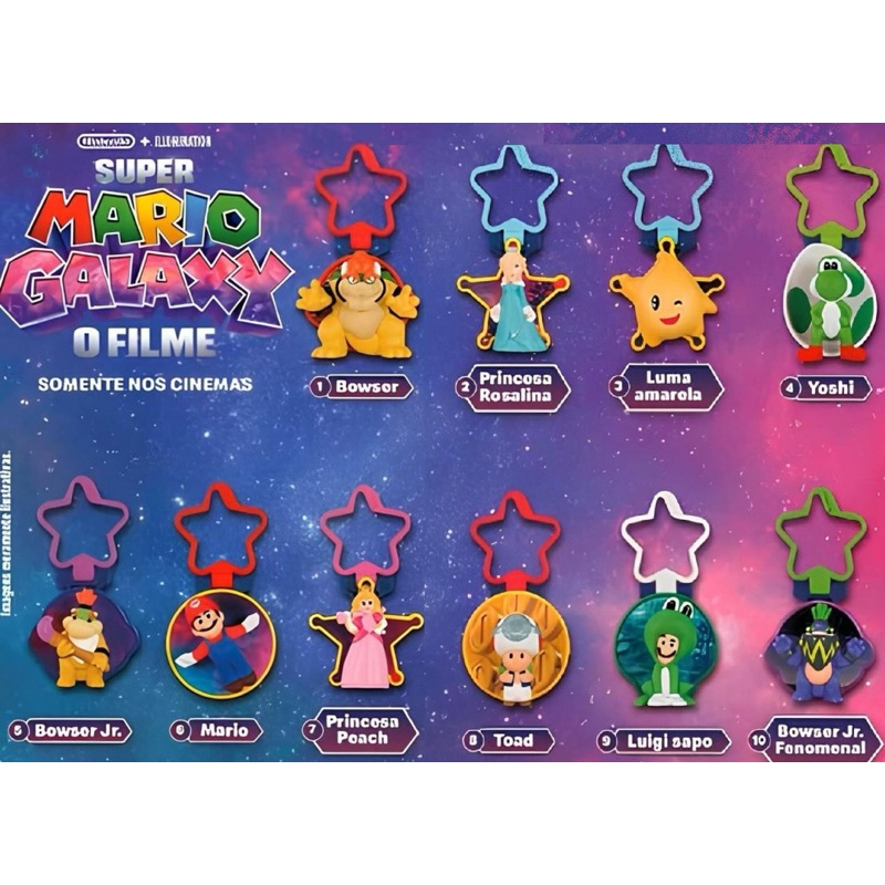 Bonecos Super Mario Galaxy McDonalds 2026 Chaveiros Nintendo luigui sapo,browser,rosalina,luma,yoshi,peach,toad,fenomena