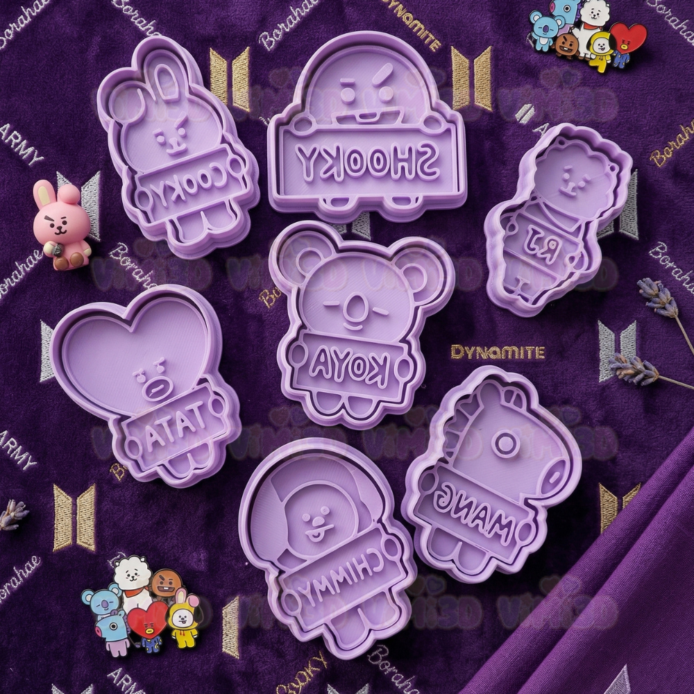 Kit Cortadores de Biscoito BT21 7 Peças – Lembrancinha BTS Army – 6cm - Cortador com carimbo