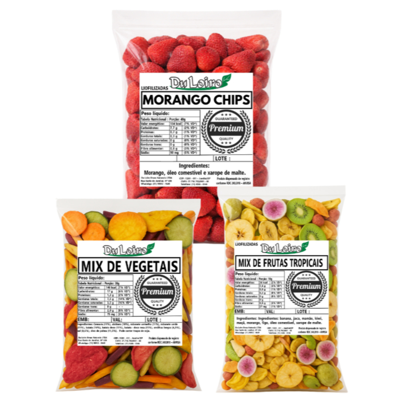 Mix de Vegetais Crocantes + Mix de Frutas Tropicais + Morango Liofilizado – 50g CADA