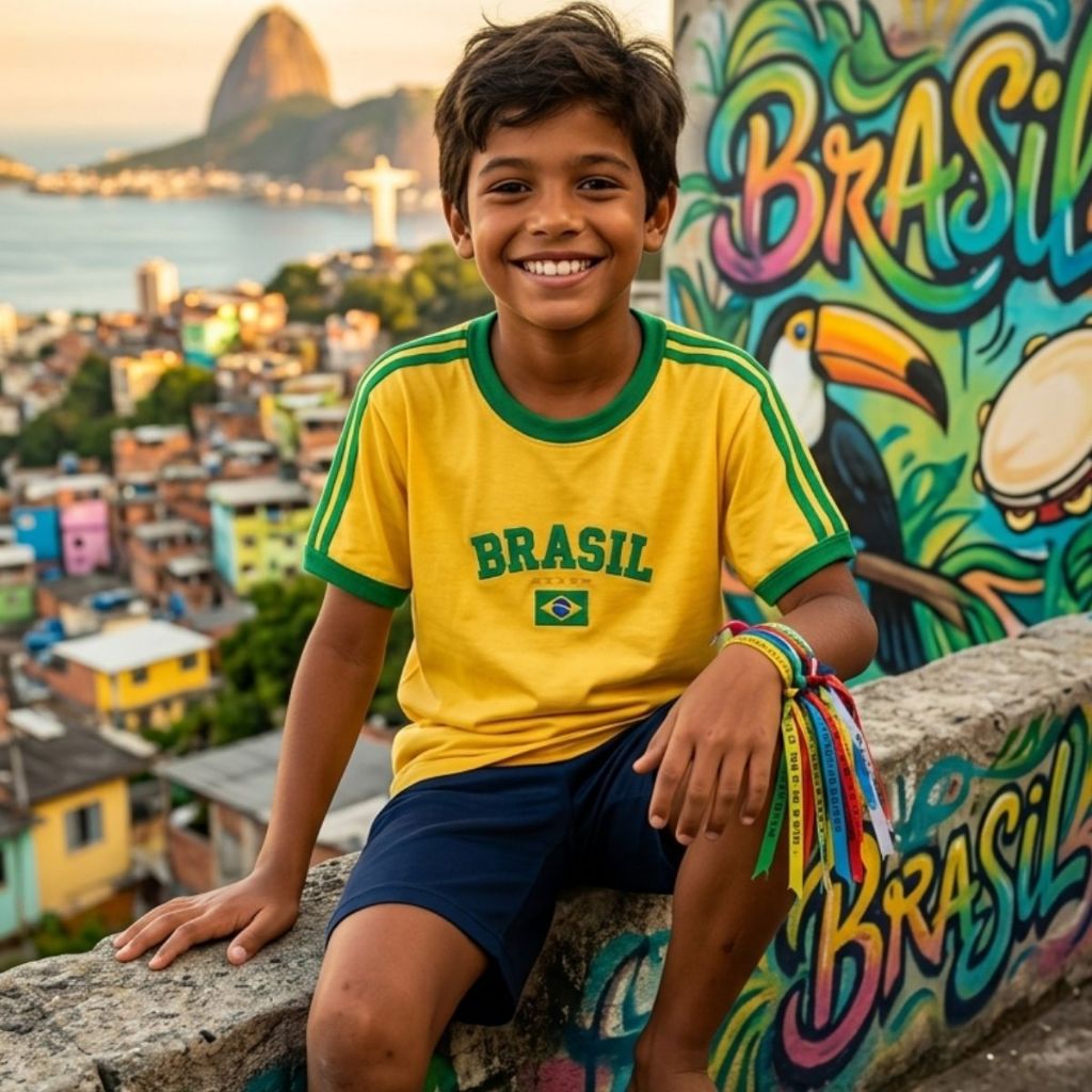 Camiseta Infantil Brasil Retrô Bordada Unissex do 06 ao 16