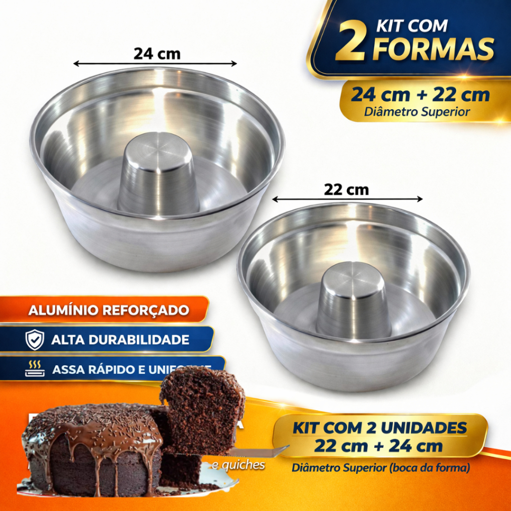 KIT 2 Formas para Bolo com furo,22 e 24cm Torta Suíça Pudim bolo