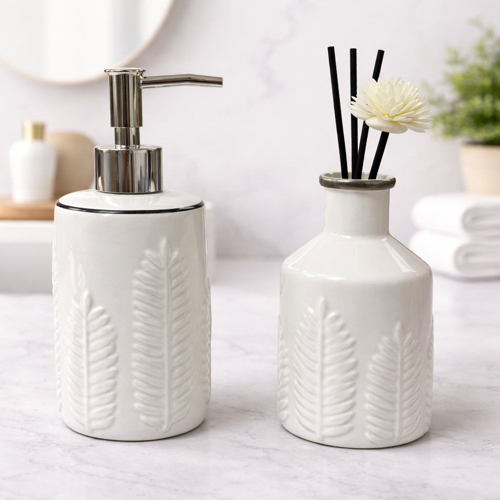 Kit de Banheiro Lavado de Luxo Cerâmica com Porta Sabonete Liquido e Aromatizador