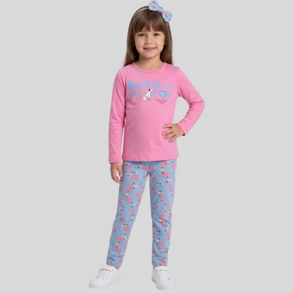 Conjunto Infantil Longo de Menina Estampado Camiseta e Legging Confortável  Inverno Meia Estação Dog
