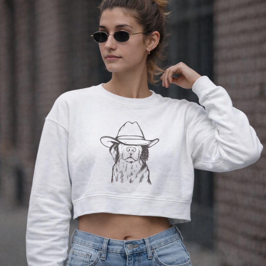 Cropped Moletom Feminino Golden de Chapéu Fofo Cachorro Pet Estampado Estiloso Minimalista Várias Cores