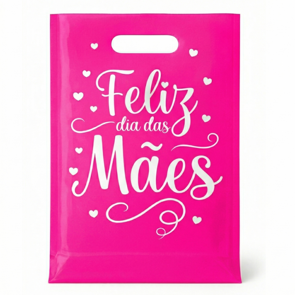 Sacola Plástica Com Frase Feliz Dia Das Mães 30x40 50UN Boca de Palhaço Alça Vazada