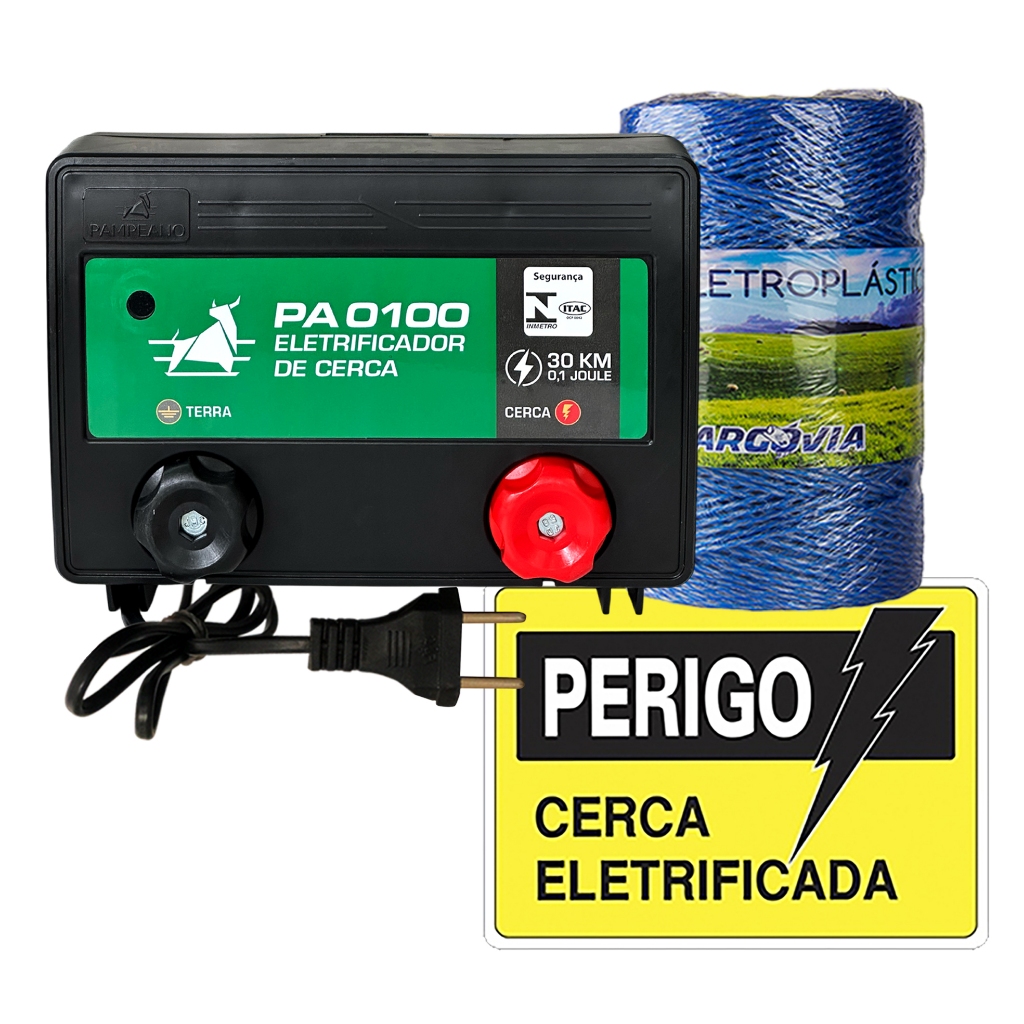 Kit Cerca Elétrica Rural Eletrificador PA0100 Pampeano + 250m, 500m, 750m ou 1000m Fio Eletroplástico + 2 Placas