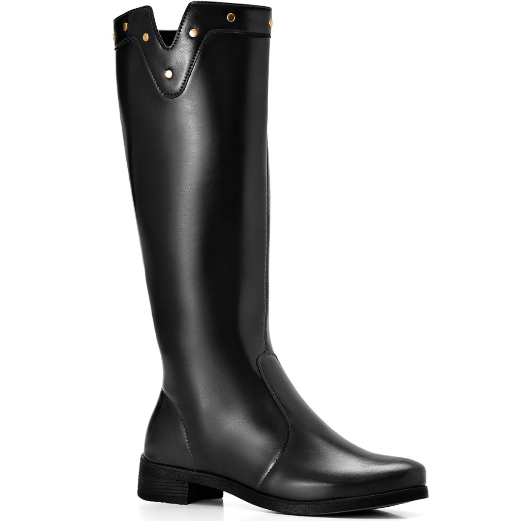 Bota Feminina Lumiss Montaria Cano Longo Salto Baixo Tachas Bico Redondo Preto em Oferta na Shopee