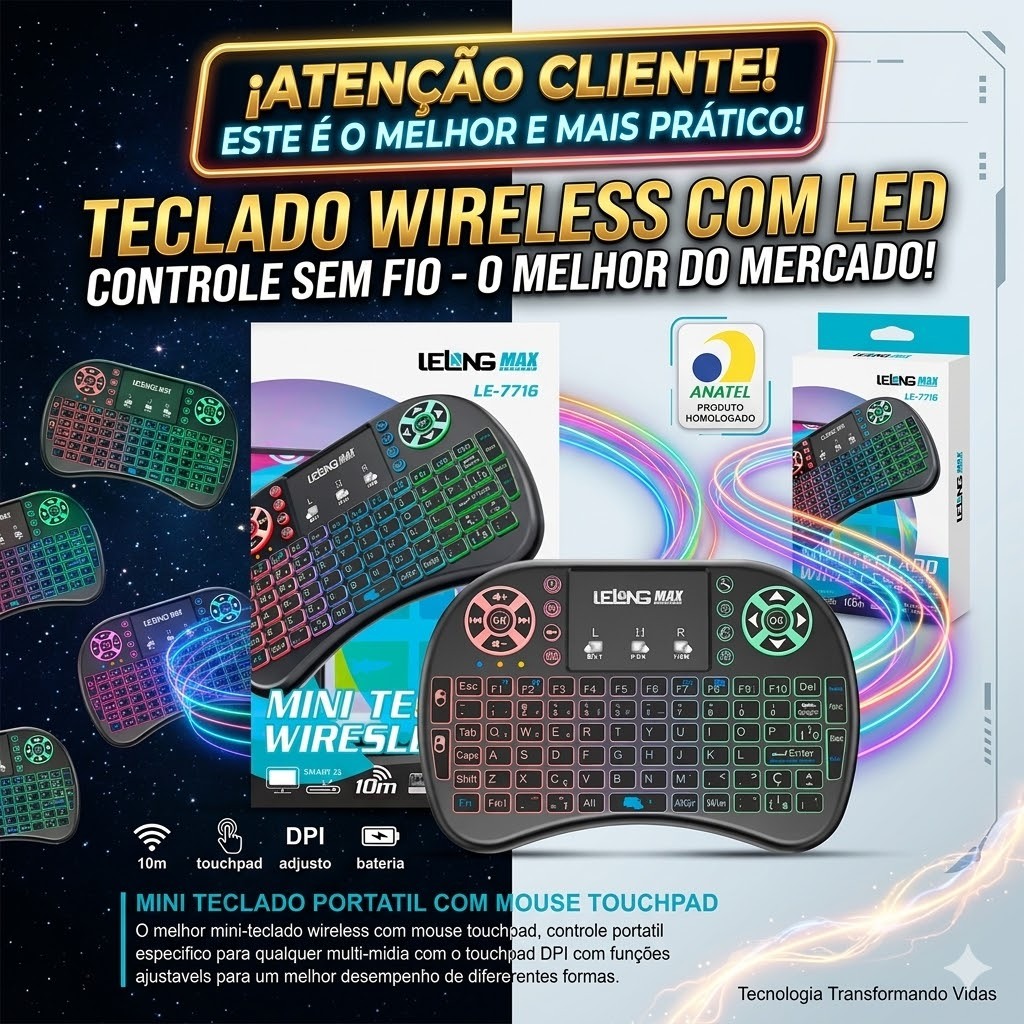 Mini Teclado Wireless Com Led Controle Sem Fio Para Smart Tv/Pc LE-7716 em Oferta na Shopee