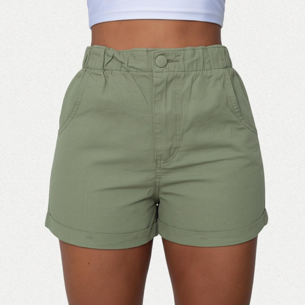 Short Jeans Verde Olivia Feminino Cintura Alta Cós Elástico Confortável Design Sofisticado Casual
