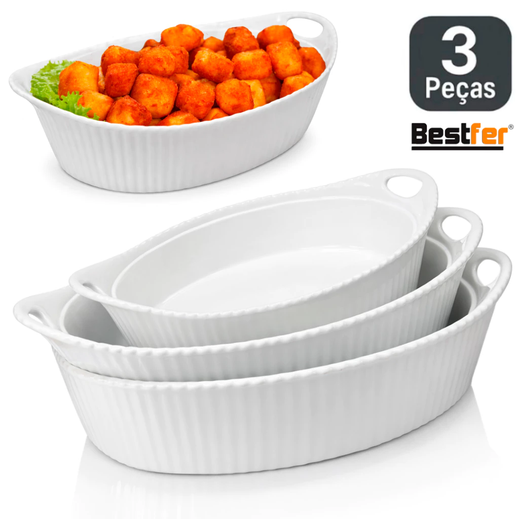 Conjunto Jogo de  Travessas 3 peças Oval em Melanina Bestfer PMG Branca opaline — imagem 1