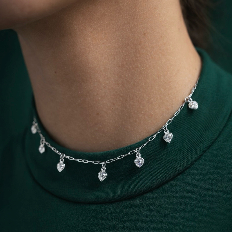 Choker Corações Transparentes em Prata 925 Gargantilha Feminina Delicada Romântica